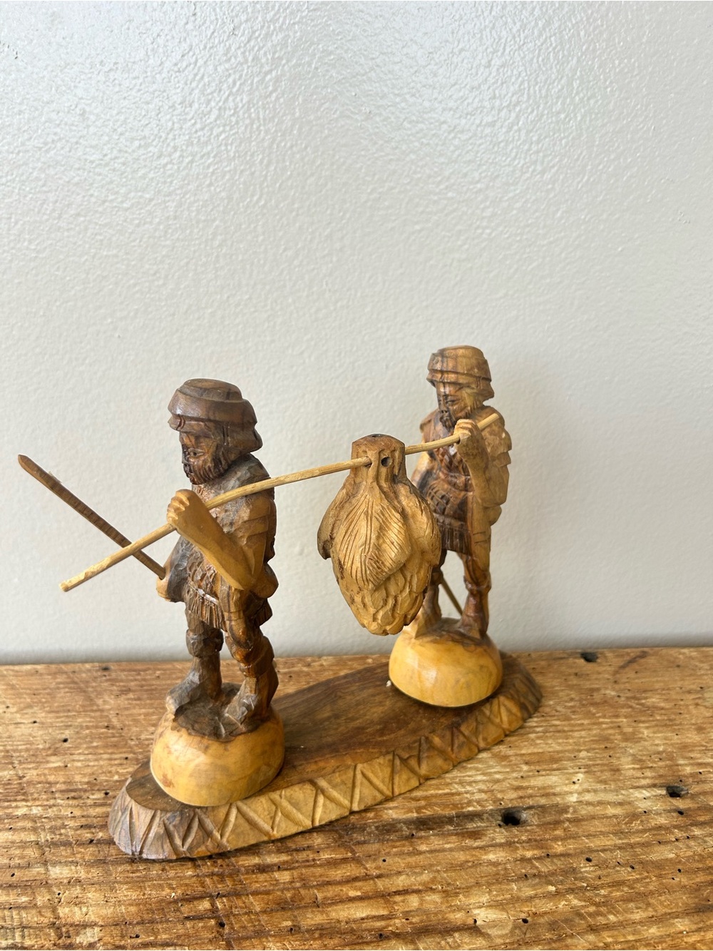 Hand Carved Olive Wood Joshua & Caleb Zacaharian Brothers Carrying Grapes Israel